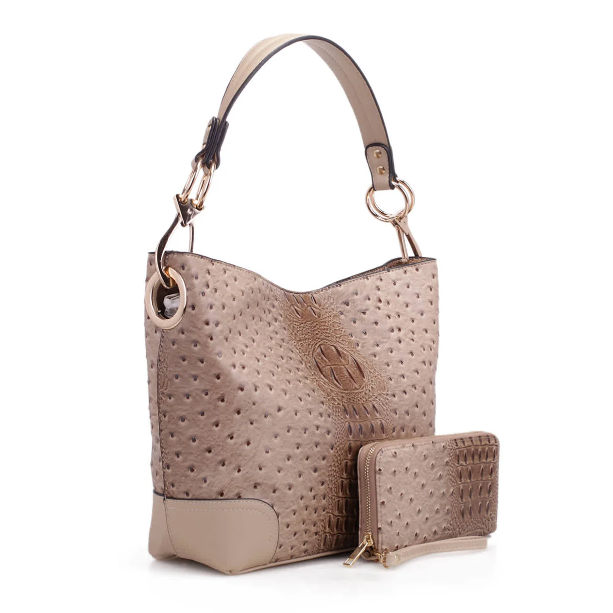 A beige ostrich-patterned handbag with a short handle, accompanied by a matching wallet featuring a similar textured design.
