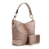 A beige ostrich-patterned handbag with a short handle, accompanied by a matching wallet featuring a similar textured design.