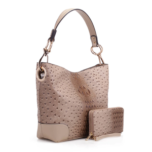A beige ostrich-patterned handbag with a short handle, accompanied by a matching wallet featuring a similar textured design.