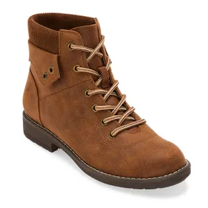 Brown St. John's Bay hiking boots with lace-up front, padded knit collar, and metal eyelets on a flat sole.