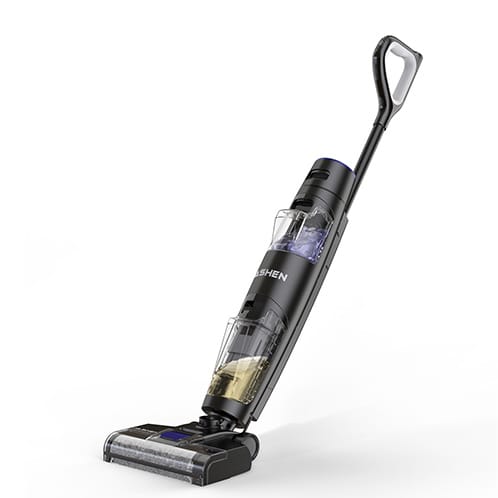 Cordless stick vacuum cleaner with a transparent dust compartment and motorized brush head.