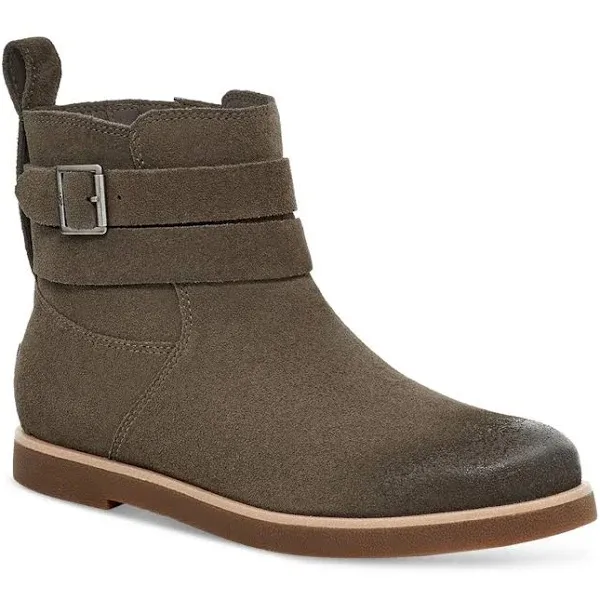 Brown suede ankle boot with a buckle strap and a loop on the back.