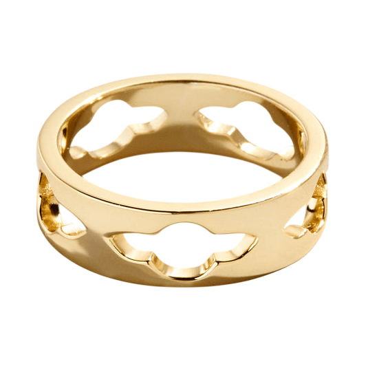 A gold ring featuring a cutout design with repeating shapes around the band, offering a modern and stylish look.