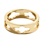 A gold ring featuring a cutout design with repeating shapes around the band, offering a modern and stylish look.