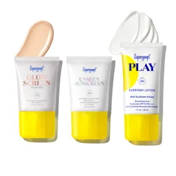 Supergoop! sunscreens: Glow Screen SPF 40, Unseen Sunscreen SPF 50, and Play Everyday Lotion SPF 50.