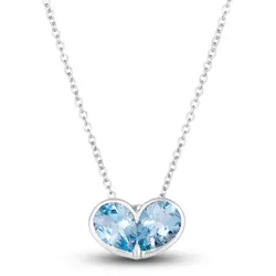 A necklace featuring a silver chain with two heart-shaped, light blue gemstones as the pendant.