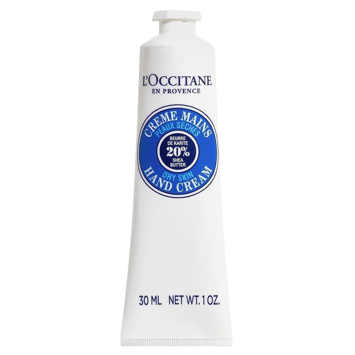 L'Occitane en Provence hand cream for dry skin, featuring 20% shea butter content, in a 30 ml (1 oz) tube.