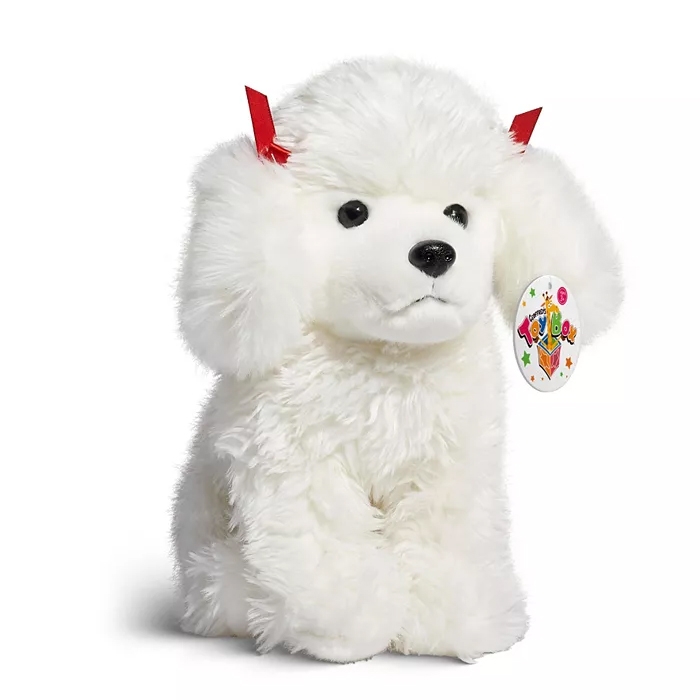 A plush toy resembling a white dog with fluffy fur and small red devil horns.