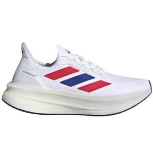 Adidas Women's Ultraboost 5X Shoes feature a white design with three bold stripes in red and blue, a high cushioned sole, and \“ULTRABOOST\“ branding on the heel.