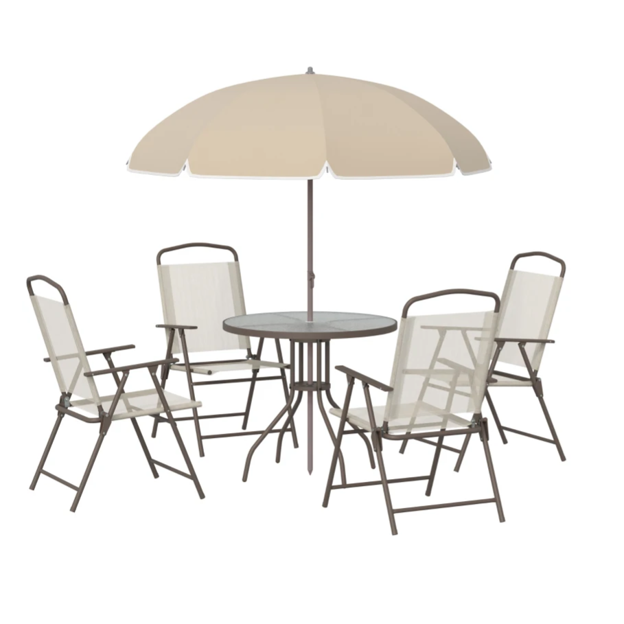 A beige outdoor patio set with four folding chairs, a round table, and a large umbrella.