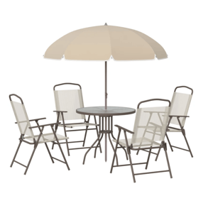 A beige outdoor patio set with four folding chairs, a round table, and a large umbrella.