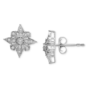 Diamond Cluster Stud Earrings with a starburst design, featuring multiple round diamonds set in white metal with a butterfly backing.