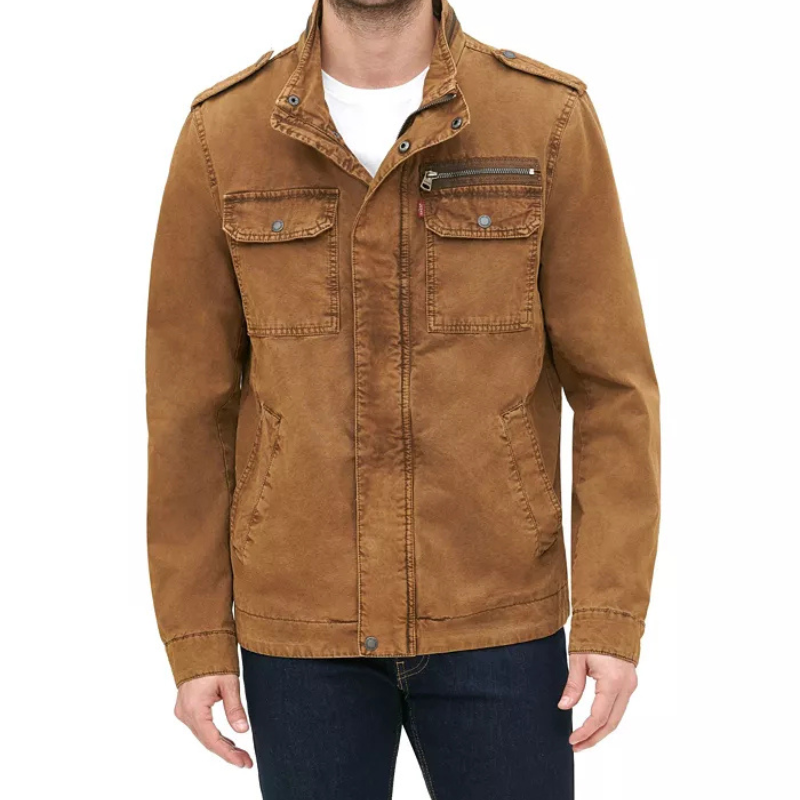 Levi's Men's Field Jacket is a brown, rugged jacket with a zip-up front, snap buttons, shoulder epaulets, and multiple pockets, including two chest buttoned pockets and a zippered pocket.
