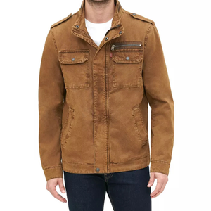 Levi's Men's Field Jacket is a brown, rugged jacket with a zip-up front, snap buttons, shoulder epaulets, and multiple pockets, including two chest buttoned pockets and a zippered pocket.