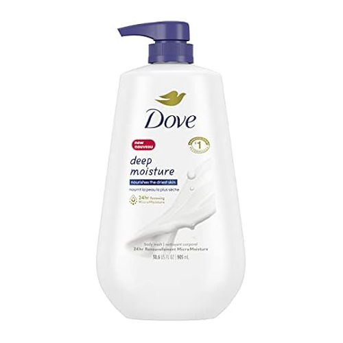 Dove Deep Moisture body wash with a pump dispenser, offering 24-hour moisturization in an 18 oz (905 ml) bottle.