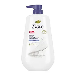 Dove Deep Moisture body wash with a pump dispenser, offering 24-hour moisturization in an 18 oz (905 ml) bottle.