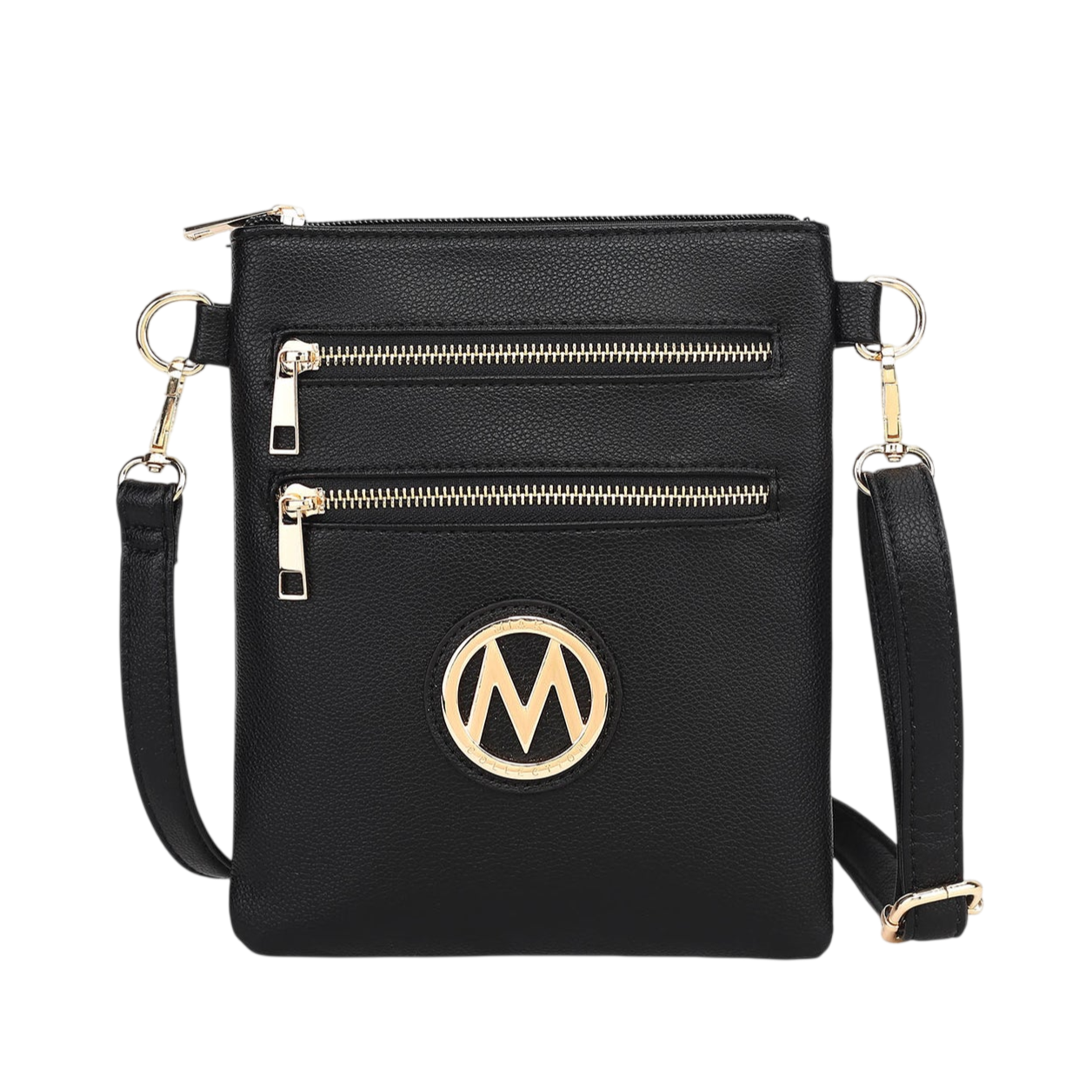 A black crossbody bag with gold hardware, featuring two horizontal zippered pockets and a round logo on the front.