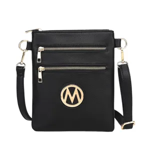 A black crossbody bag with gold hardware, featuring two horizontal zippered pockets and a round logo on the front.