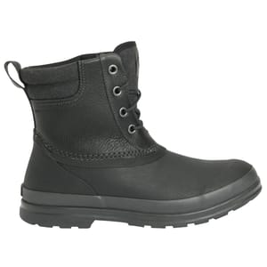 Black ankle-length boots with lace-up design, featuring a rugged sole and leather-textured upper.