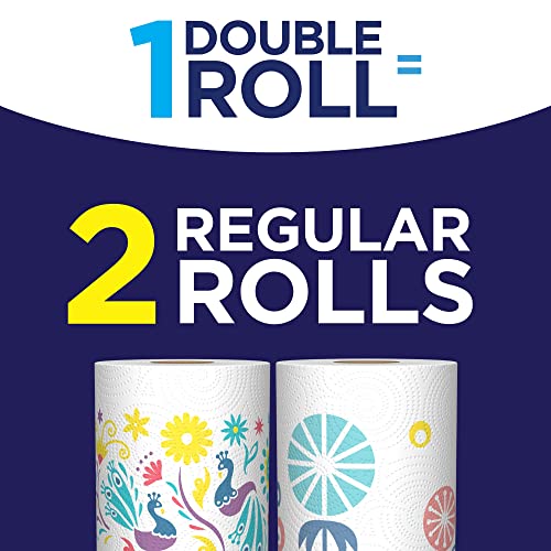 Two rolls of Sparkle paper towels are displayed, one with a floral and peacock pattern, the other featuring geometric designs, highlighting that a double roll equals two regular rolls.