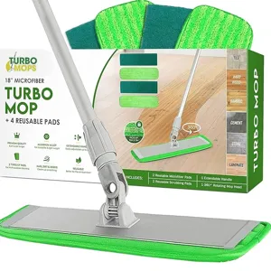 Turbo Mop set with a 360° rotating head includes an extendable aluminum handle, two reusable microfiber pads, and two scrubbing pads for cleaning various surfaces like tile, hardwood, bamboo, cement, stone, and laminate.
