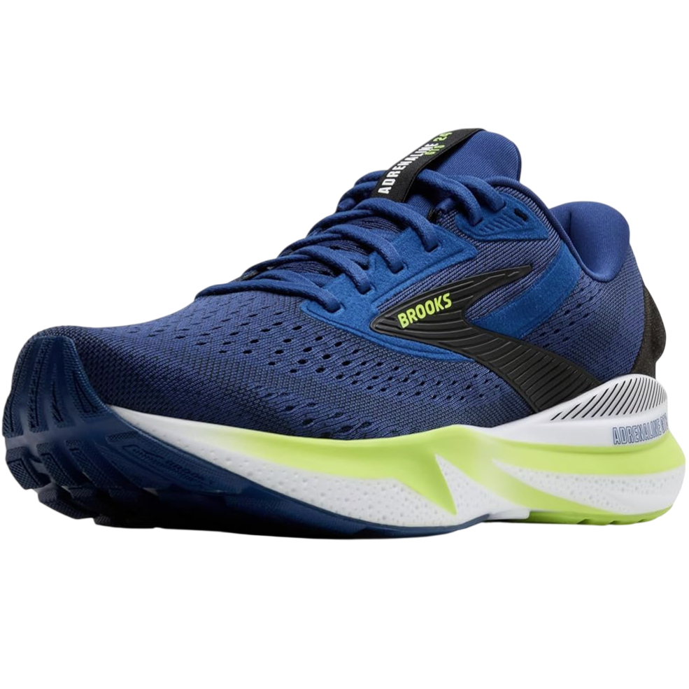 A blue Brooks Adrenaline GTS 22 running shoe with a breathable mesh upper, lime green and white cushioned sole, and black accents is depicted.