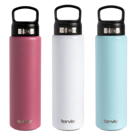 Three insulated water bottles with black lids are displayed in rose, white, and light blue.
