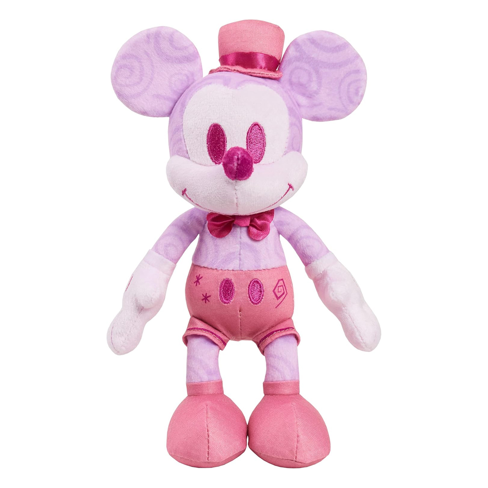 This is a plush toy of a stylized Minnie Mouse, predominantly pink and lavender with patterned ears and a matching hat.