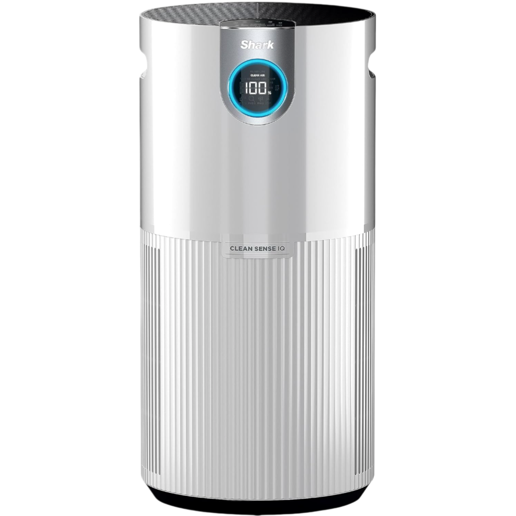 Shark air purifier with Clean Sense IQ technology, featuring a digital display indicating air quality levels.