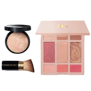 A makeup set includes a baked powder compact with a marbled design, a palette featuring multiple blush and highlight shades, and a short-bristled foundation brush labeled \“Laura Geller.\“