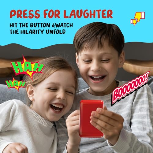 Two children are laughing while holding a red button device, accompanied by colorful text that reads, \“Press for Laughter: Hit the button & watch the hilarity unfold.\“