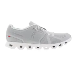 A gray athletic shoe featuring a mesh upper and a unique cushioned sole design, with a small logo on the side.