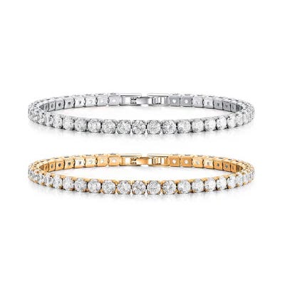 Two tennis bracelets featuring round diamonds, one set in white metal and the other in yellow metal.