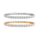 Two tennis bracelets featuring round diamonds, one set in white metal and the other in yellow metal.