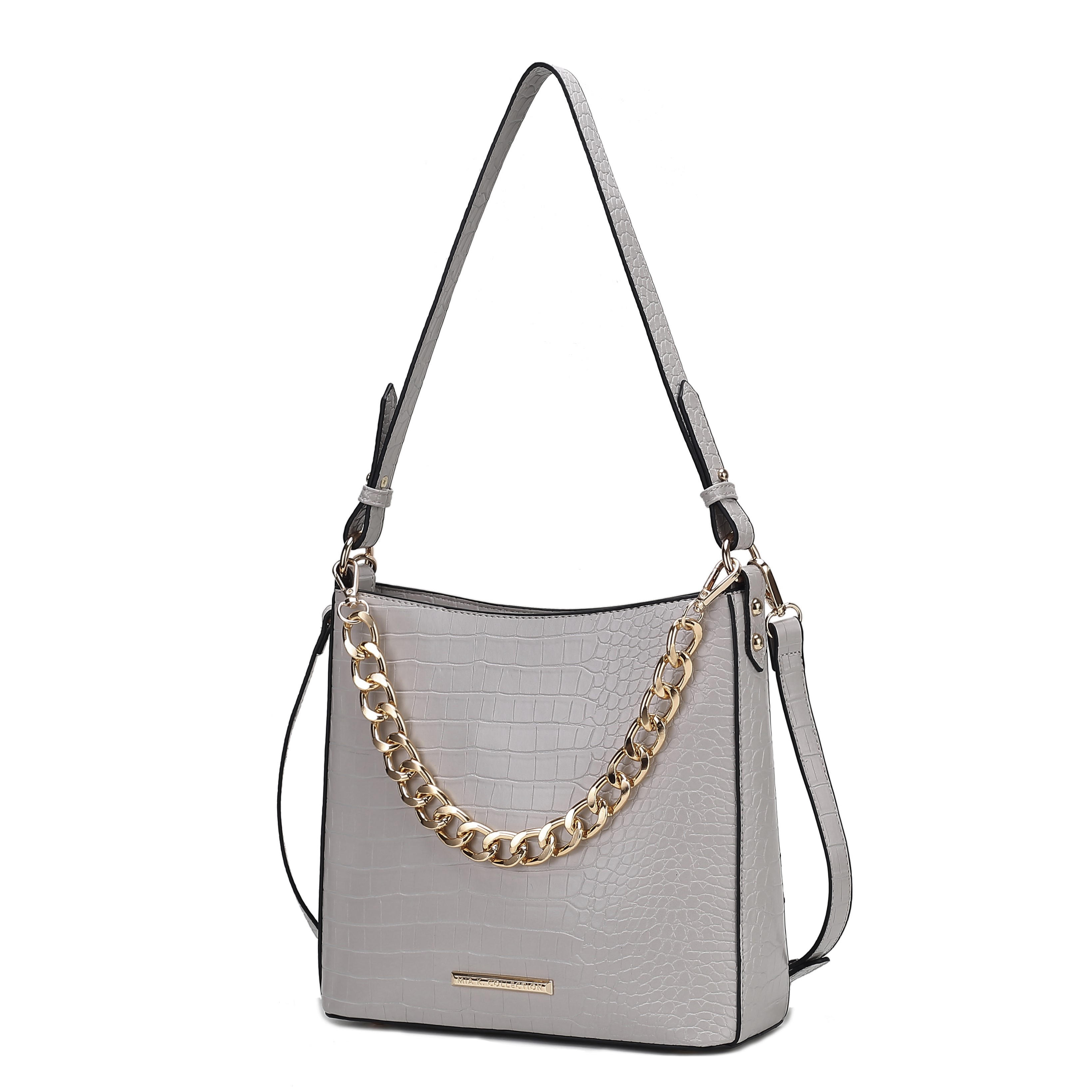 Gray MKF embossed shoulder bag with crocodile texture, featuring a gold chain accent and adjustable shoulder straps.