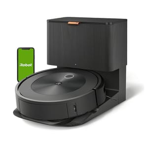 The Roomba J6+ is a self-emptying robot vacuum with a sleek, black design. It features an automatic dirt disposal base and smart connectivity, allowing control via a mobile app.