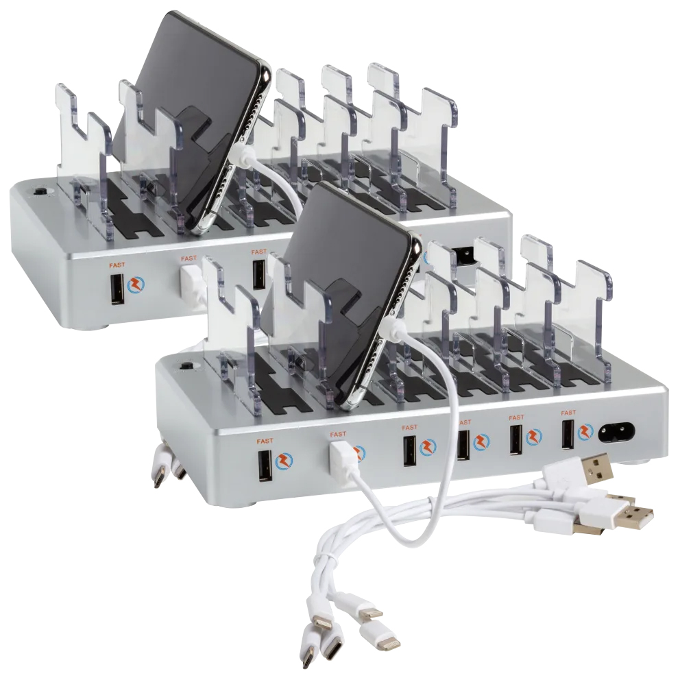 2-pack 6-port charging station with clear dividers holds multiple devices upright, featuring USB fast-charging ports. Includes multiple charging cables with different connectors.