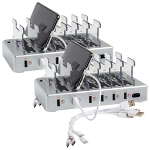 2-pack 6-port charging station with clear dividers holds multiple devices upright, featuring USB fast-charging ports. Includes multiple charging cables with different connectors.