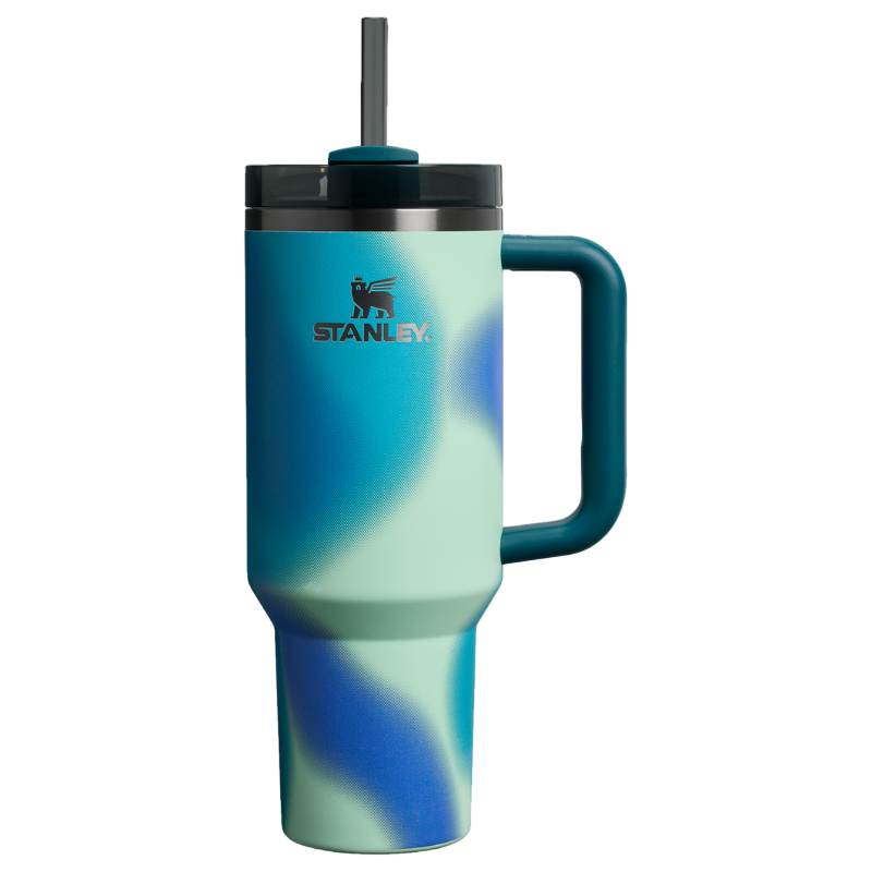 Stanley Quencher H2.0 Flowstate Tumbler, 40 oz, Ice Flow color, featuring a handle, straw, and lid.