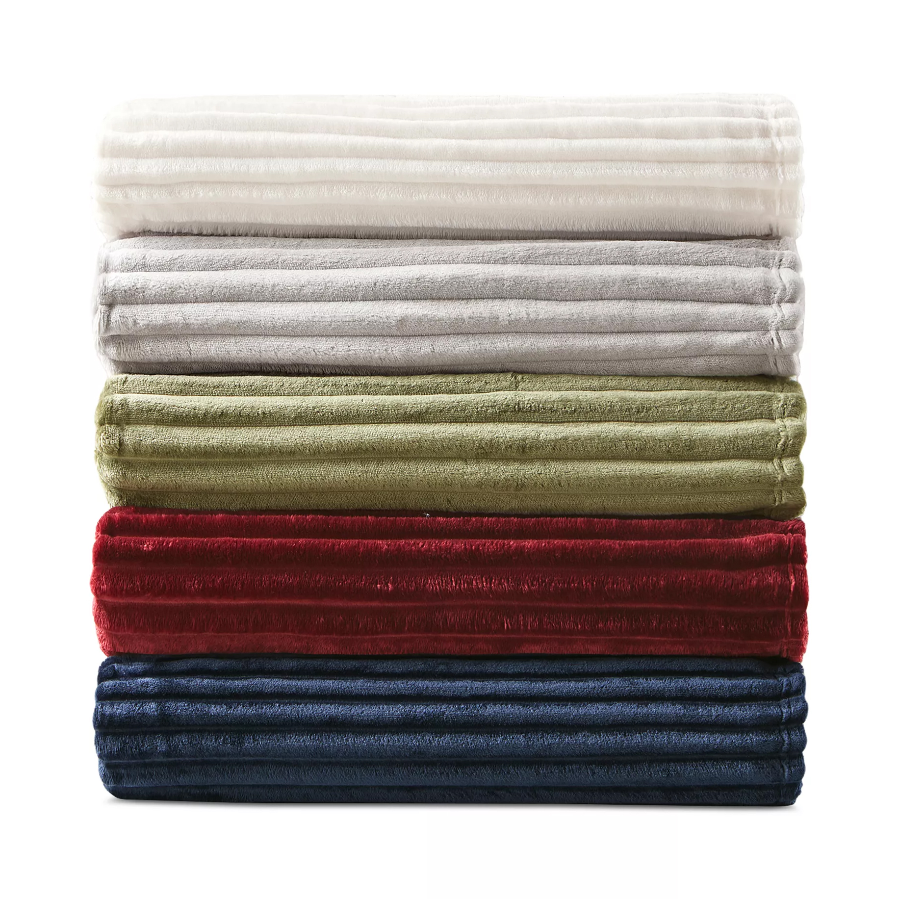 Stack of five ribbed blankets in white, gray, olive green, red, and navy blue.