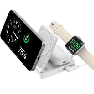 A wireless charging station holds a smartphone, wireless earbuds, and a smartwatch. The smartphone displays a clock and 75% battery, while the smartwatch shows the time and an alarm set for 6:30 AM.