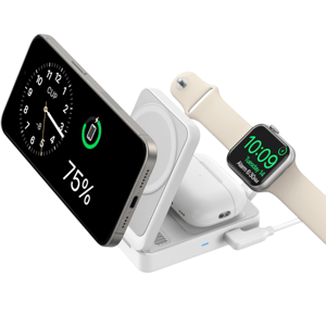A wireless charging station holds a smartphone, wireless earbuds, and a smartwatch. The smartphone displays a clock and 75% battery, while the smartwatch shows the time and an alarm set for 6:30 AM.