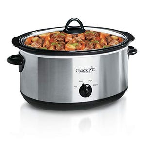 Stainless steel 7-quart Crock-Pot with black accents and a clear lid, featuring a knob with Low, High, Warm, and Off settings.