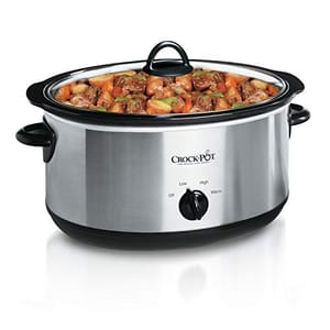 Stainless steel 7-quart Crock-Pot with black accents and a clear lid, featuring a knob with Low, High, Warm, and Off settings.