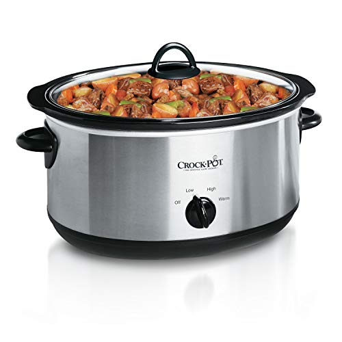 Stainless steel 7-quart Crock-Pot with black accents and a clear lid, featuring a knob with Low, High, Warm, and Off settings.