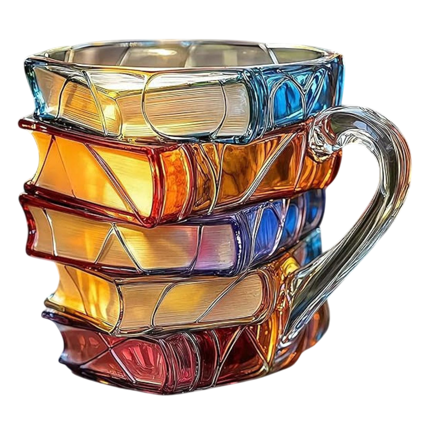 A creatively designed glass mug shaped like a stack of colorful, translucent books with intricate detailing and a clear handle.