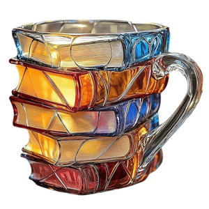 A creatively designed glass mug shaped like a stack of colorful, translucent books with intricate detailing and a clear handle.