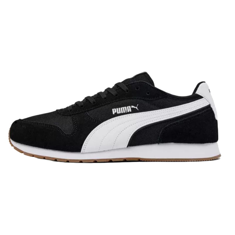 Puma St Miller Casual Shoes feature a sleek design with a black upper, white Puma stripe, and a gum rubber outsole. They offer a classic look with lace-up closure and subtle branding.