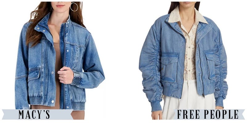 A Macy's denim bomber jacket besides a similar Free People denim bomber jacket.