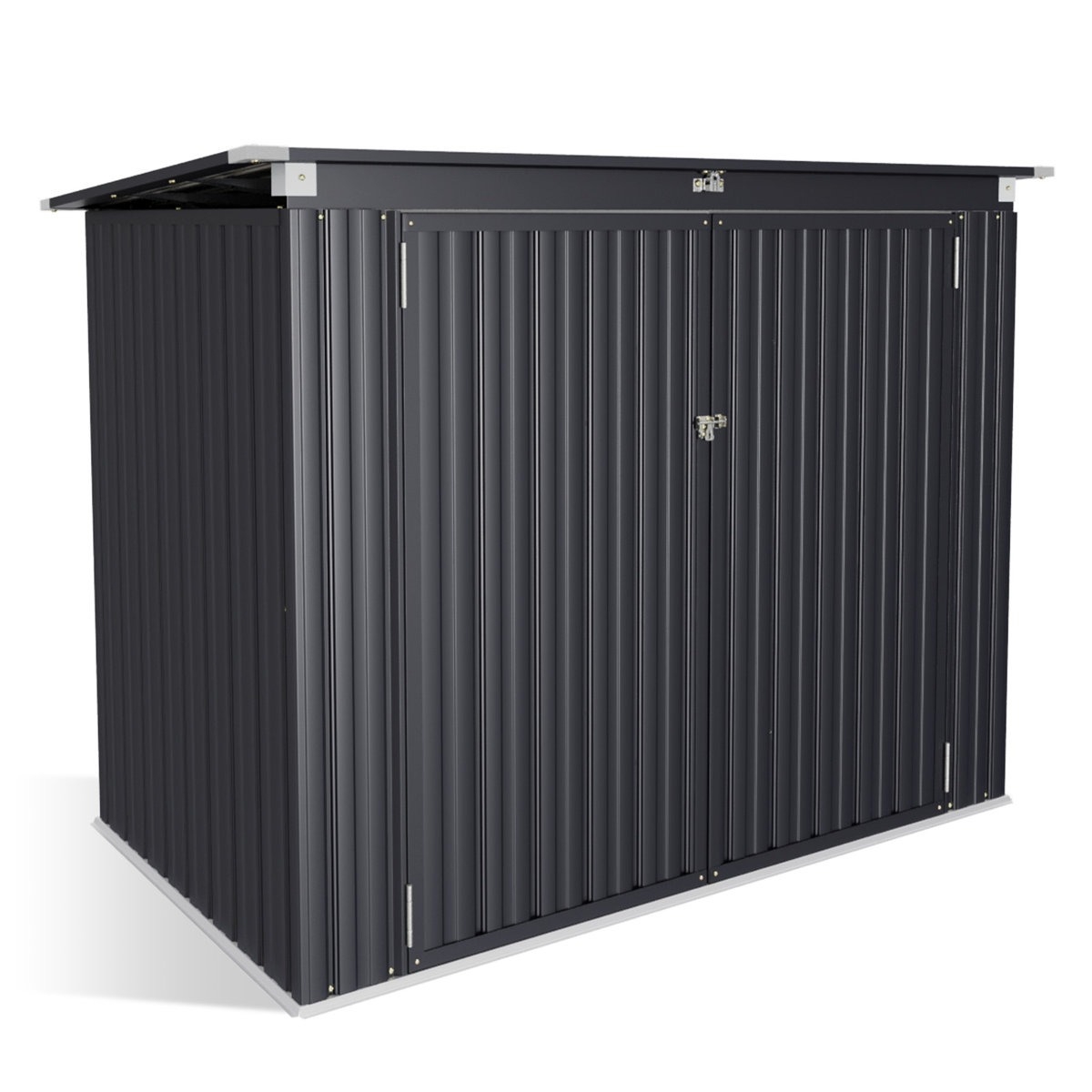 A dark gray metal outdoor storage shed with double doors, featuring a slanted roof and a padlock for security.